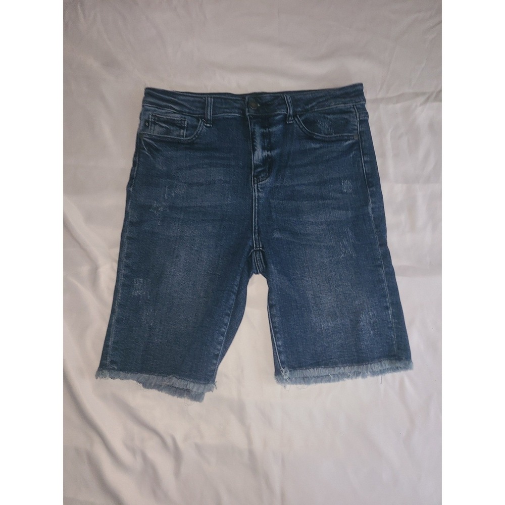 Judy Blue Dark Wash Distressed Bermuda Denim Shorts Raw Hem JB150031 Size Large
